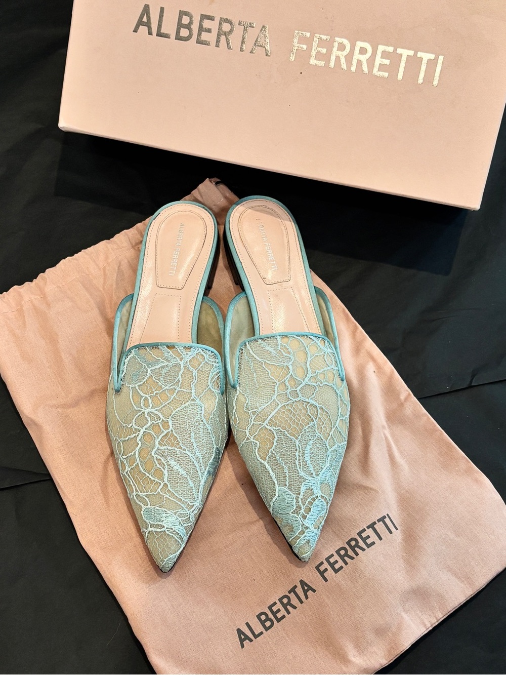 Alberta Ferretti Mint Green Lace Pointed Slip-On Mules - Picture 2 of 5